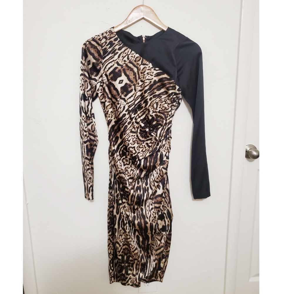Thomas Wylde Ruched Animal Print Midi Dress